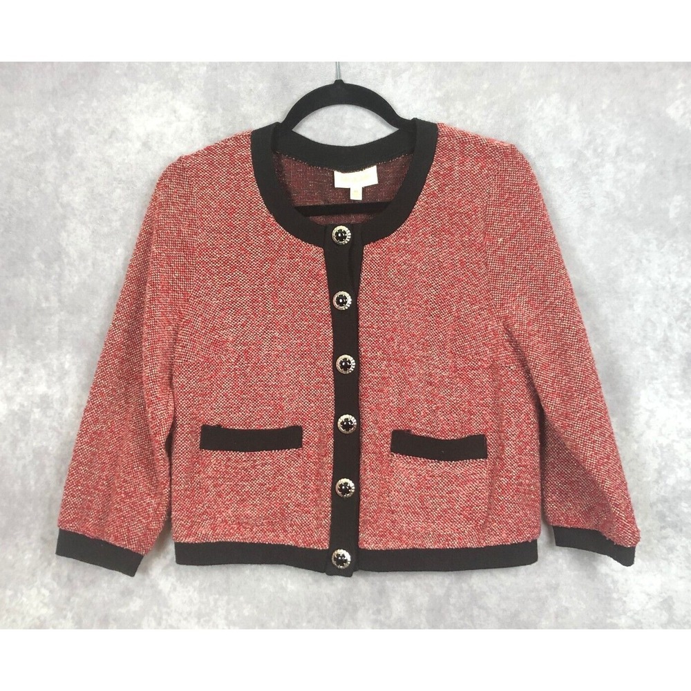 ModCloth Cardigan‎ Sweater Pockets Jeweled Buttons Red Black Gold Size Medium